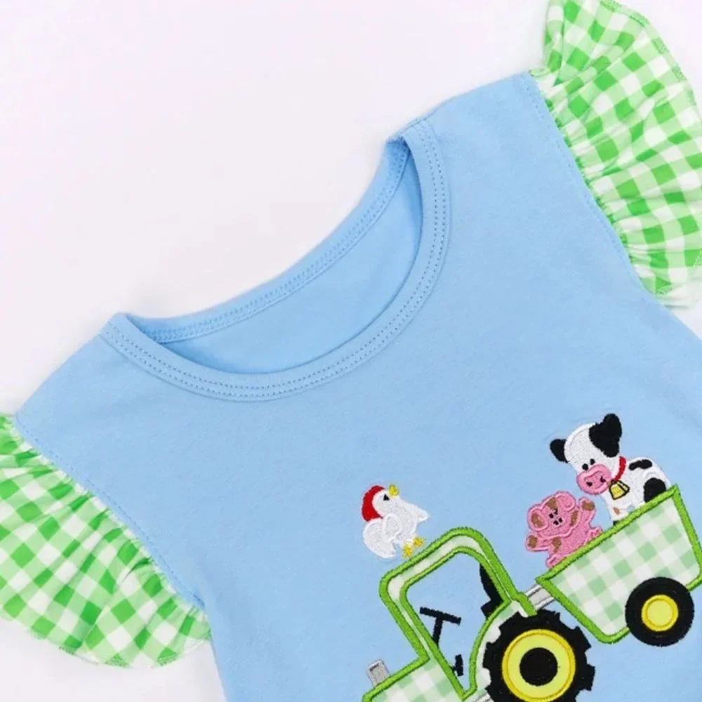 Boutique Farm Tractor Cow Girls Ruffle Shorts Outfit Set